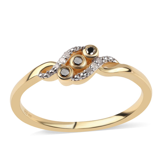 Anel de Prata com Banho de Ouro com Diamante Preto