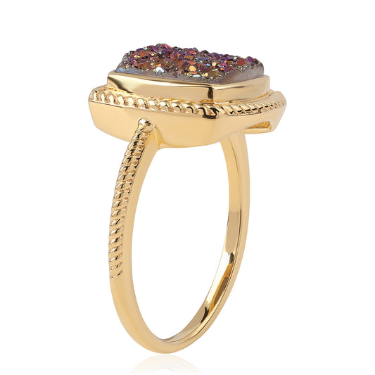 Anel de Prata com Banho de Ouro com Drusy Roxo  Contraste: Cabeca de Veado (800)