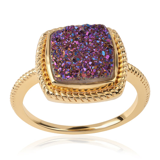 Anel de Prata com Banho de Ouro com Drusy Roxo  Contraste: Cabeca de Veado (800)