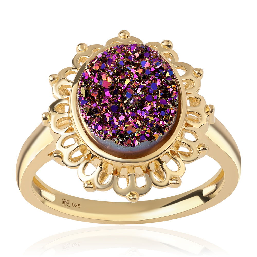 Anel de Prata com Banho de Ouro com Drusy Roxo  Contraste: Cabeca de Veado (800) 1 