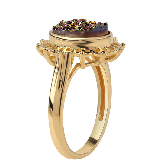 Anel de Prata com Banho de Ouro com Drusy Roxo  Contraste: Cabeca de Veado (800)