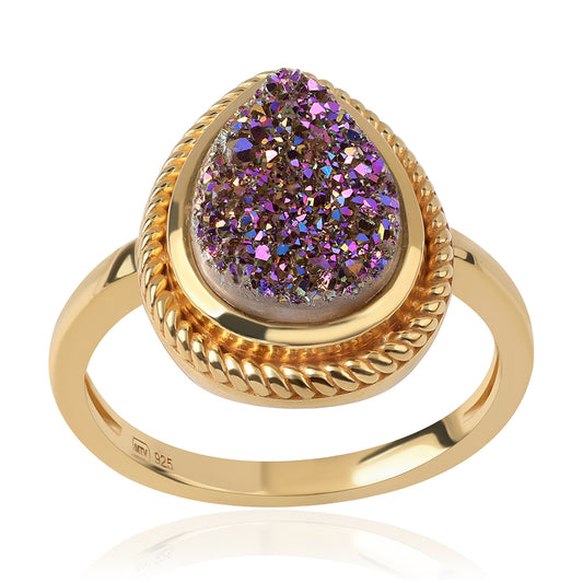 Anel de Prata com Banho de Ouro com Drusy Roxo  Contraste: Cabeca de Veado (800)