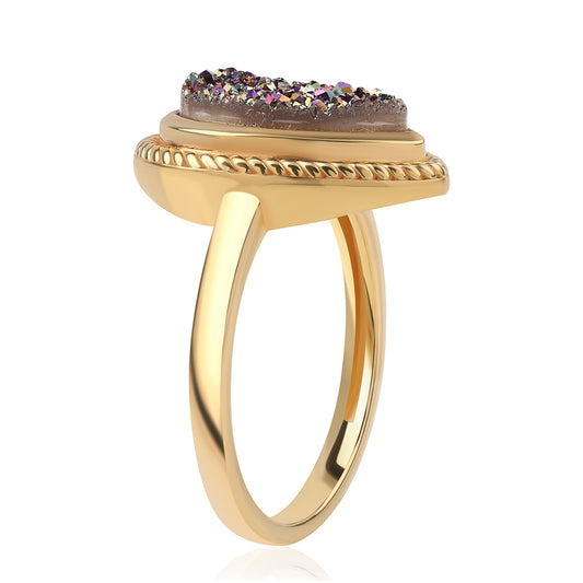Anel de Prata com Banho de Ouro com Drusy Roxo  Contraste: Cabeca de Veado (800)