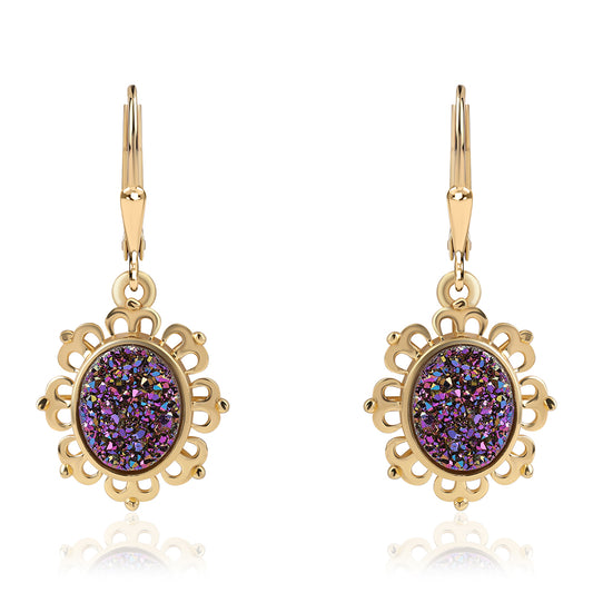 Brincos de Prata com Banho de Ouro com Drusy Roxo