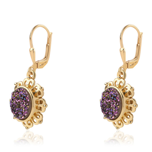 Brincos de Prata com Banho de Ouro com Drusy Roxo