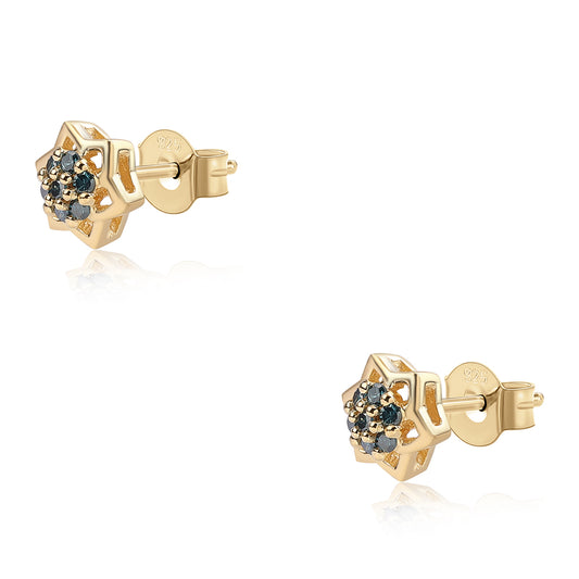 Brincos de Prata com Banho de Ouro com Diamante Azul