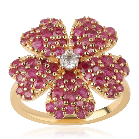 Anel de Prata com Banho de Ouro com Rubi de Moçambique e Topázio Branco  Contraste: Cabeca de Veado (800)