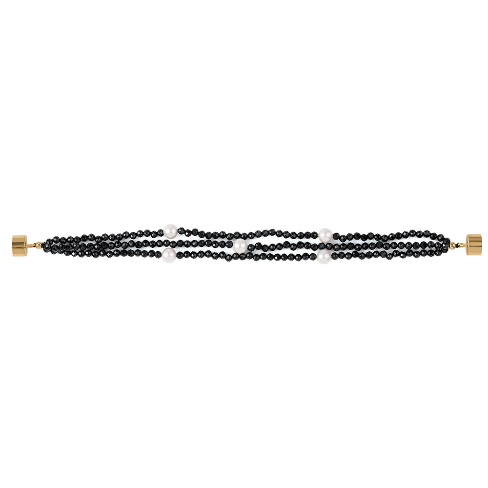 Pulseira de Prata com Banho de Ouro com Espinela Preta e Pérola de Água Doce Branca  Contraste: Cabeca de Veado (800)