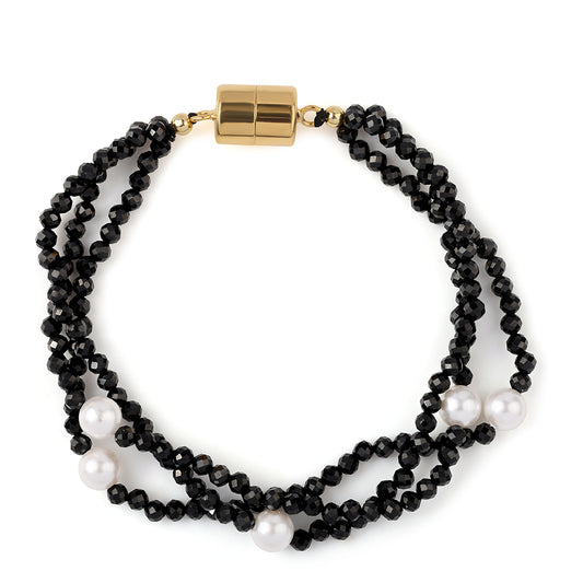 Pulseira de Prata com Banho de Ouro com Espinela Preta e Pérola de Água Doce Branca  Contraste: Cabeca de Veado (800)