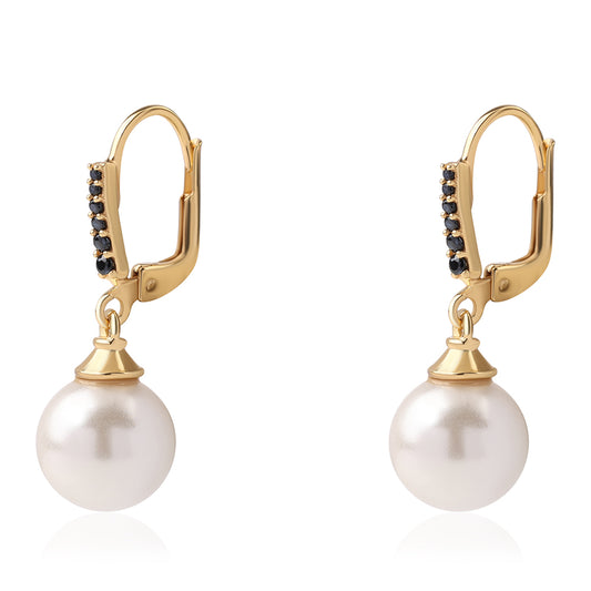 Brincos de Prata com Banho de Ouro com Espinela Preta e Pérola de Água Doce Branca