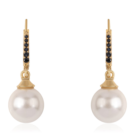 Brincos de Prata com Banho de Ouro com Espinela Preta e Pérola de Água Doce Branca