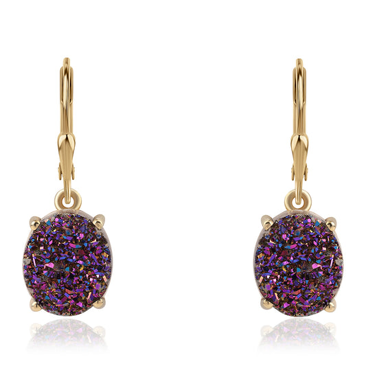 Brincos de Prata com Banho de Ouro com Drusy Roxo