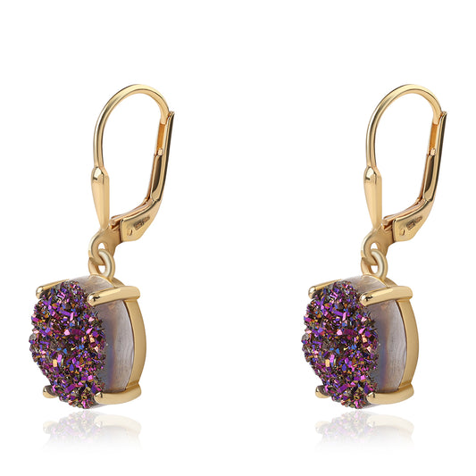 Brincos de Prata com Banho de Ouro com Drusy Roxo