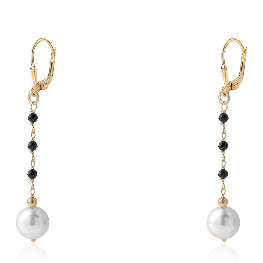 Brincos de Prata com Banho de Ouro com Espinela Preta e Pérola de Água Doce Branca