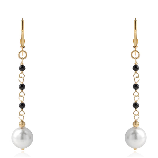 Brincos de Prata com Banho de Ouro com Espinela Preta e Pérola de Água Doce Branca