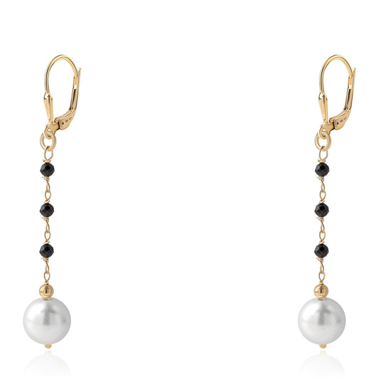 Brincos de Prata com Banho de Ouro com Espinela Preta e Pérola de Água Doce Branca