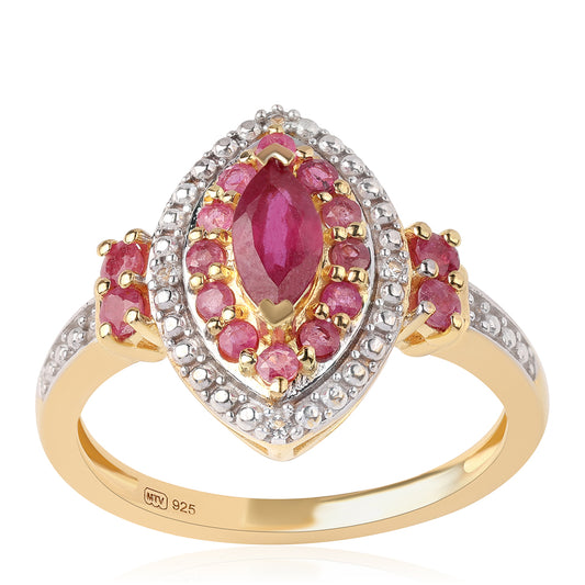 Anel de Prata com Banho de Ouro com Rubi de Moçambique e Topázio Branco  Contraste: Cabeca de Veado (800)