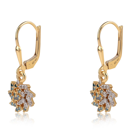 Brincos de Prata com Banho de Ouro com Diamante Azul e Diamante Branco