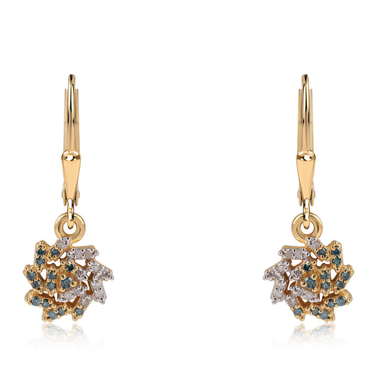 Brincos de Prata com Banho de Ouro com Diamante Azul e Diamante Branco