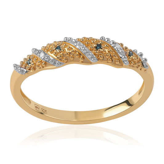 Anel de Prata com Banho de Ouro com Diamante Azul e Diamante Branco