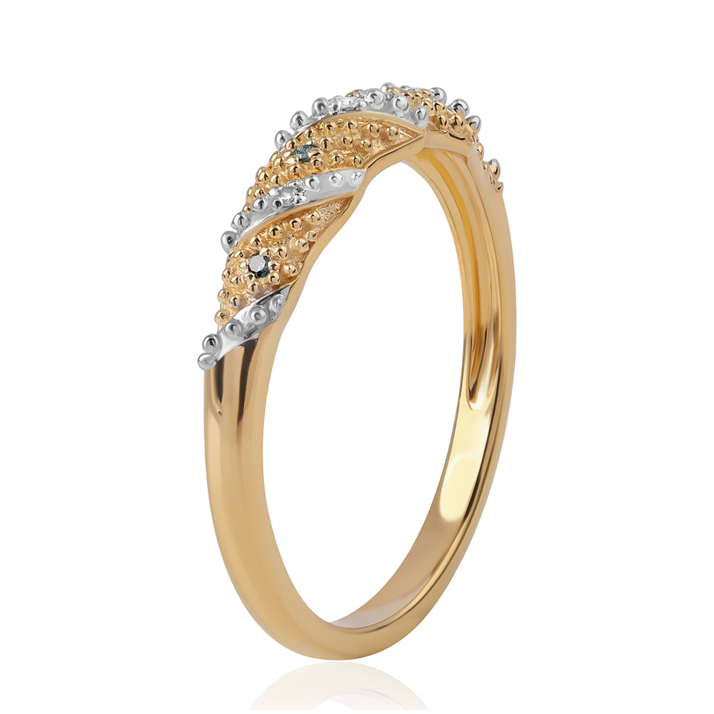 Anel de Prata com Banho de Ouro com Diamante Azul e Diamante Branco