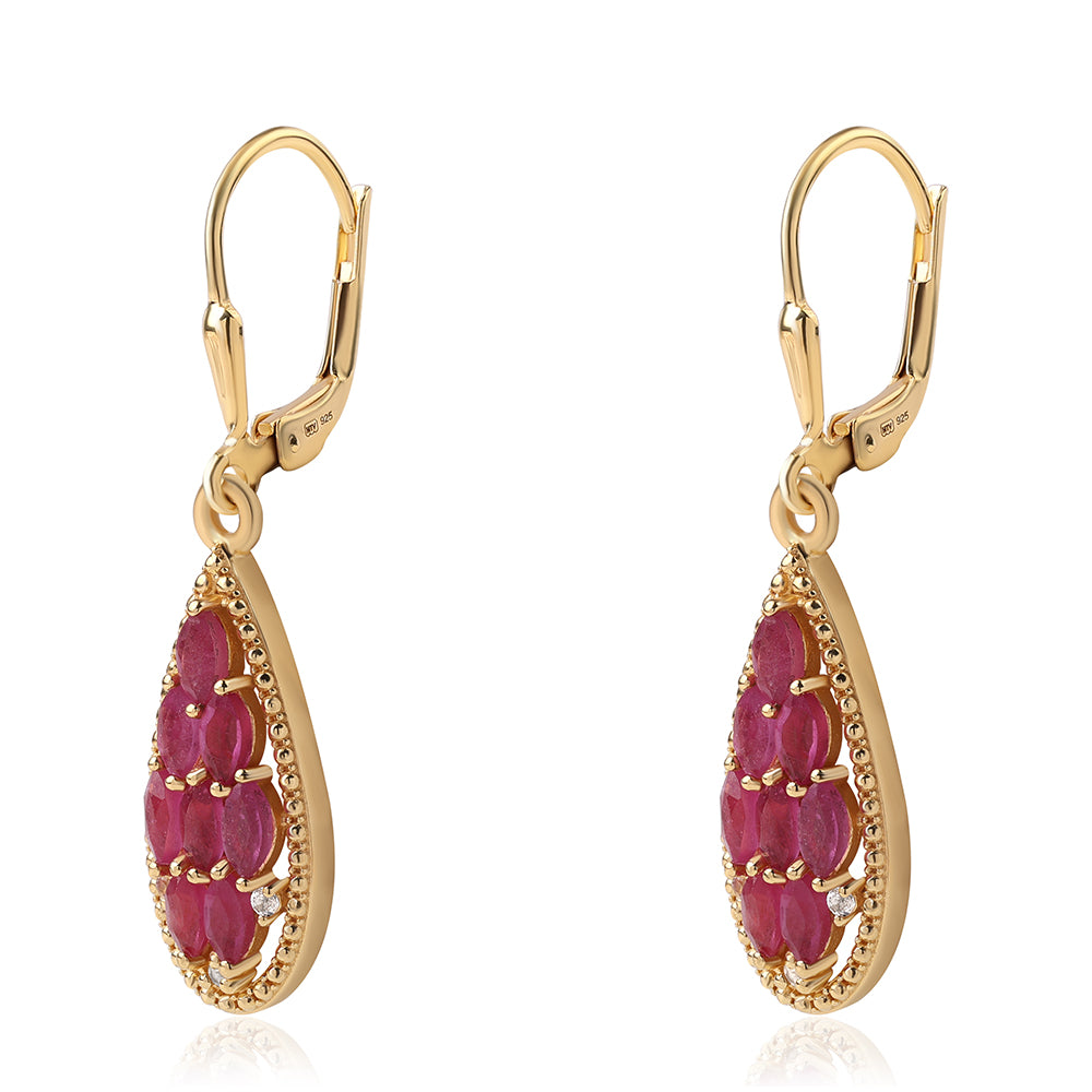 Brincos de Prata com Banho de Ouro com Rubi de Moçambique e Topázio Branco