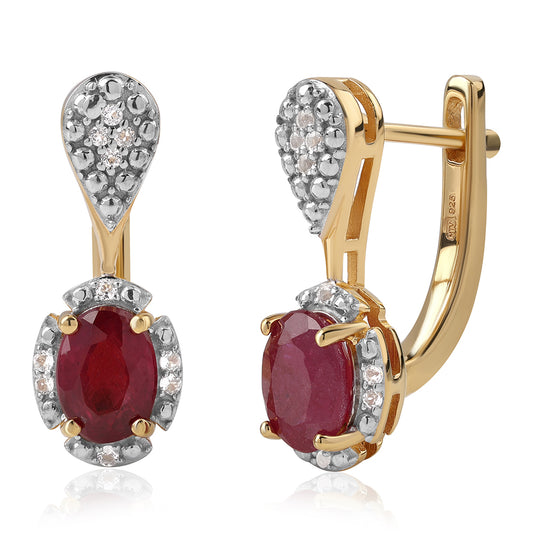 Brincos de Prata com Banho de Ouro com Rubi de Moçambique e Topázio Branco