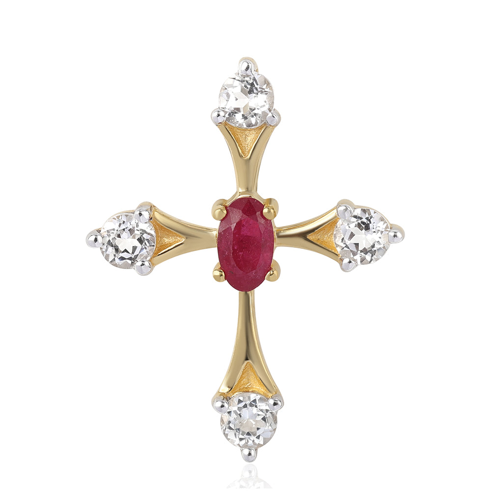 Cruz Pendente de Prata com Banho de Ouro com Rubi de Moçambique e Topázio Branco 1 