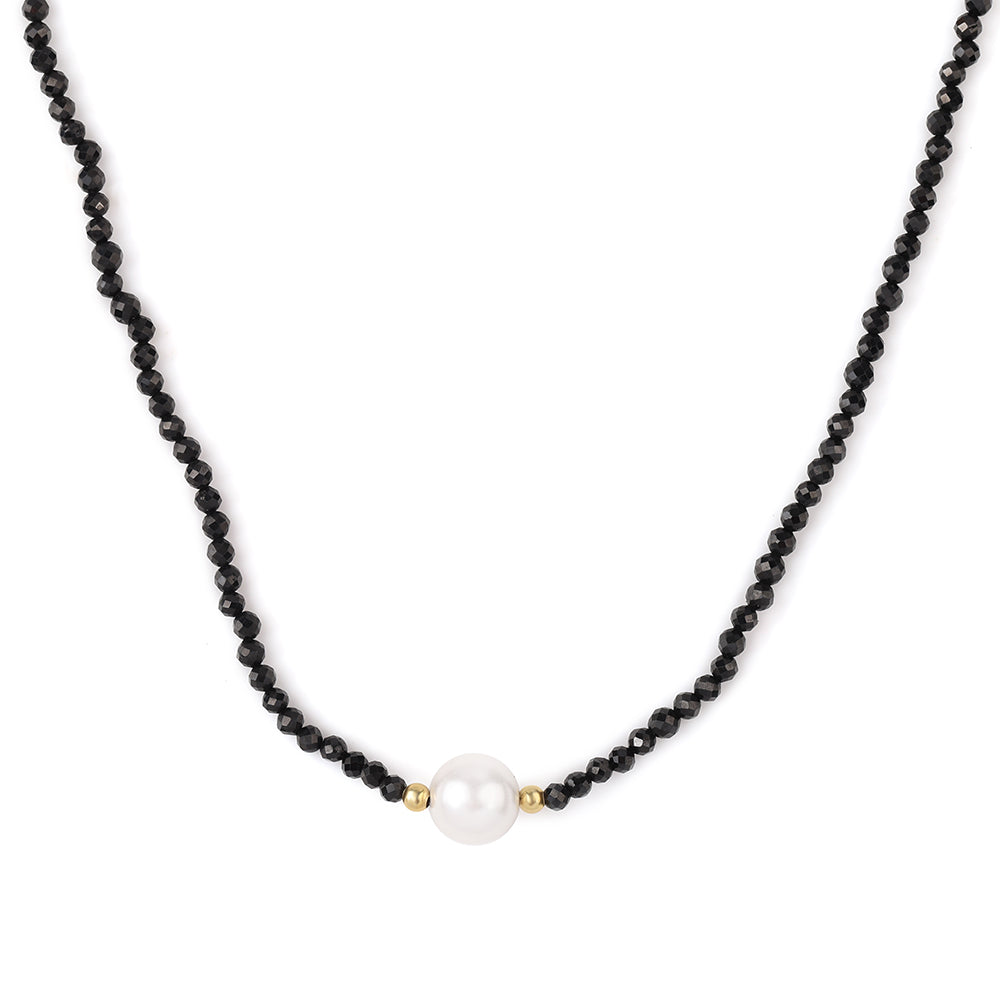 Colar de Prata com Banho de Ouro com Espinela Preta e Pérola de Água Doce Branca 4 