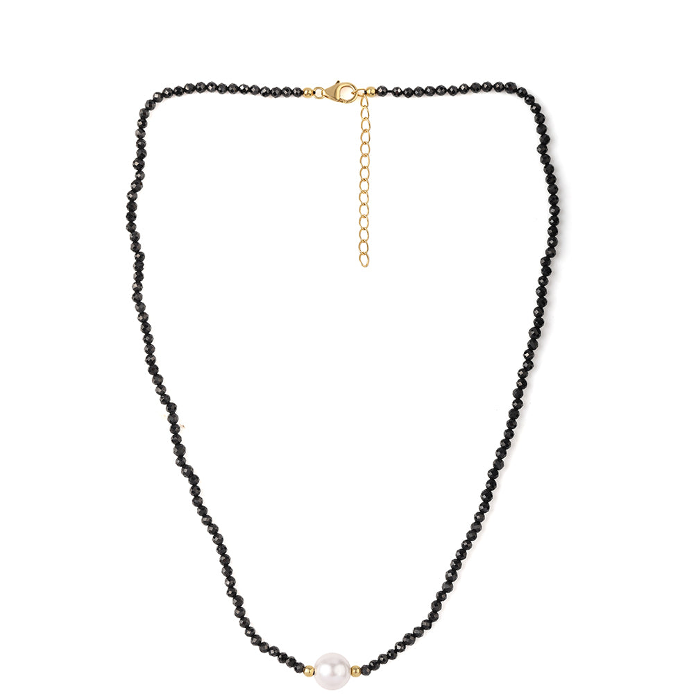 Colar de Prata com Banho de Ouro com Espinela Preta e Pérola de Água Doce Branca 5 
