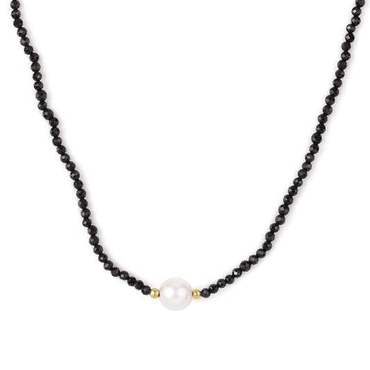 Colar de Prata com Banho de Ouro com Espinela Preta e Pérola de Água Doce Branca