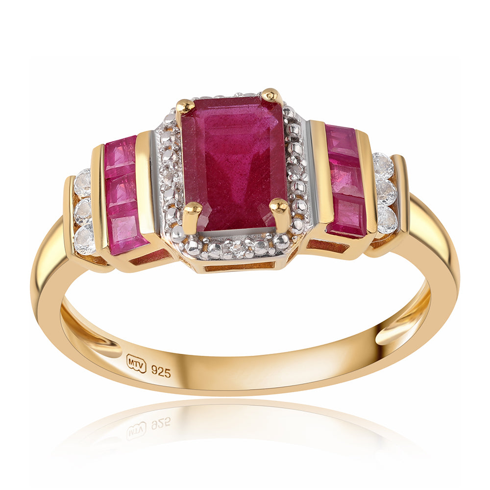 Anel de Prata com Banho de Ouro com Rubi de Moçambique e Topázio Branco