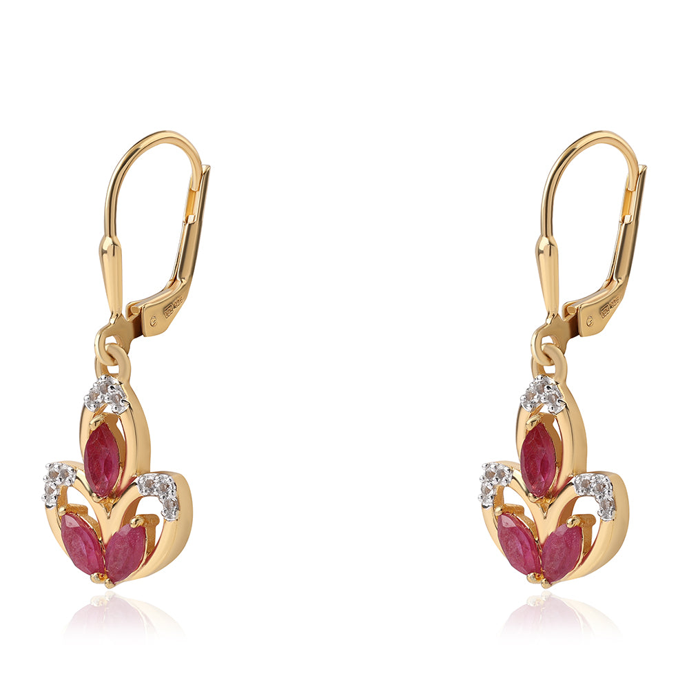 Brincos de Prata com Banho de Ouro com Rubi de Moçambique e Topázio Branco 2 