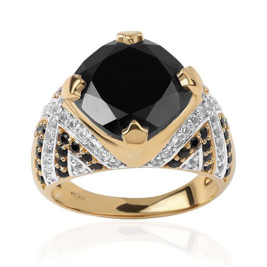 Anel de Prata com Banho de Ouro com Espinela Preta e Topázio Branco  Contraste: Cabeca de Veado (800)