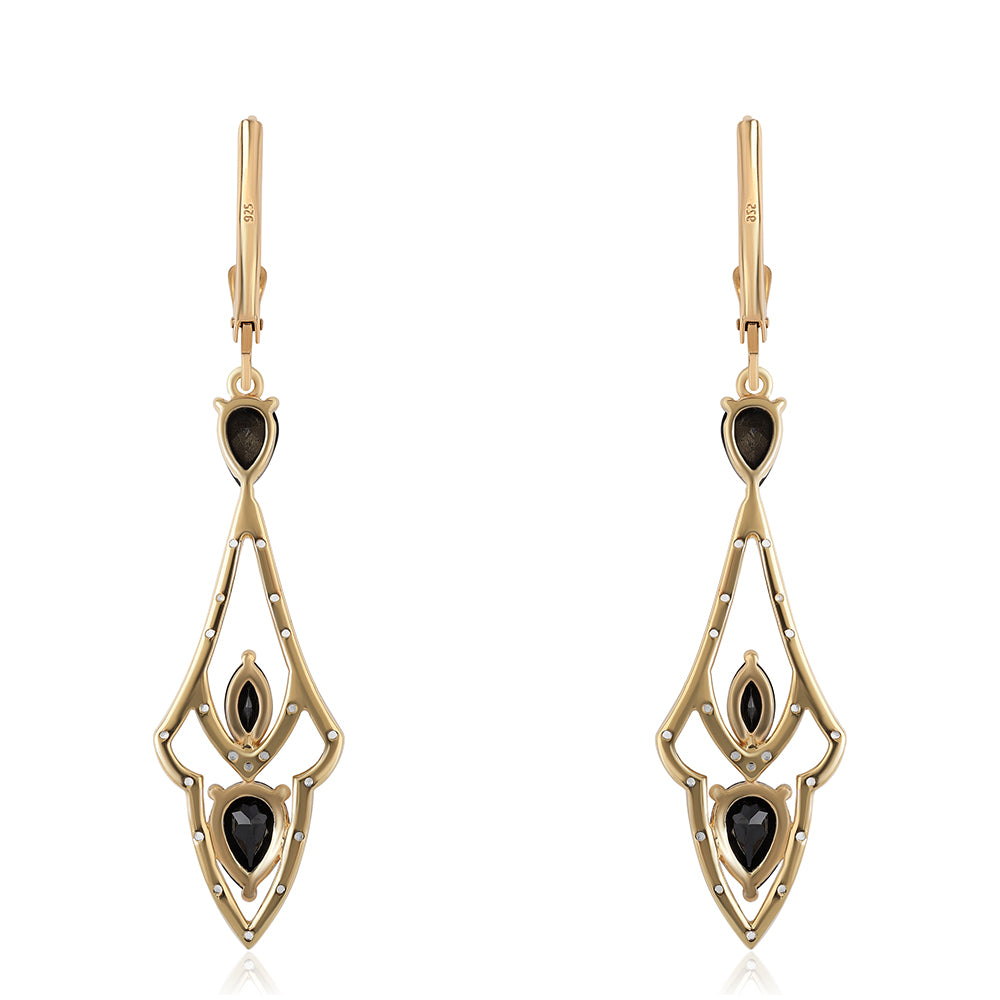 Brincos de Prata com Banho de Ouro com Espinela Preta e Topázio Branco 2 