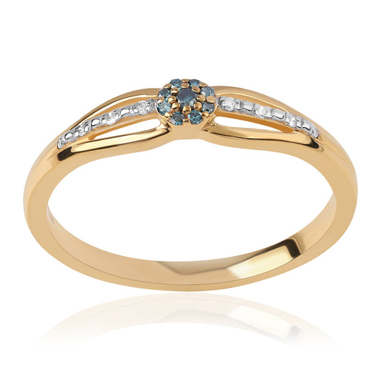Anel de Prata com Banho de Ouro com Diamante Azul e Diamante Branco