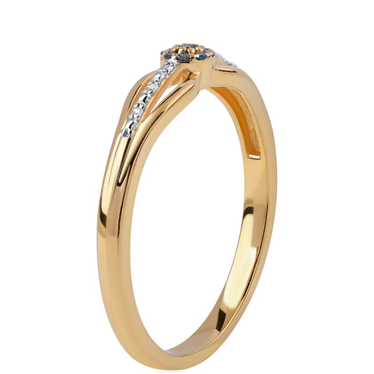 Anel de Prata com Banho de Ouro com Diamante Azul e Diamante Branco