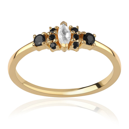 Anel de Prata com Banho de Ouro com Espinela Preta e Topázio Branco
