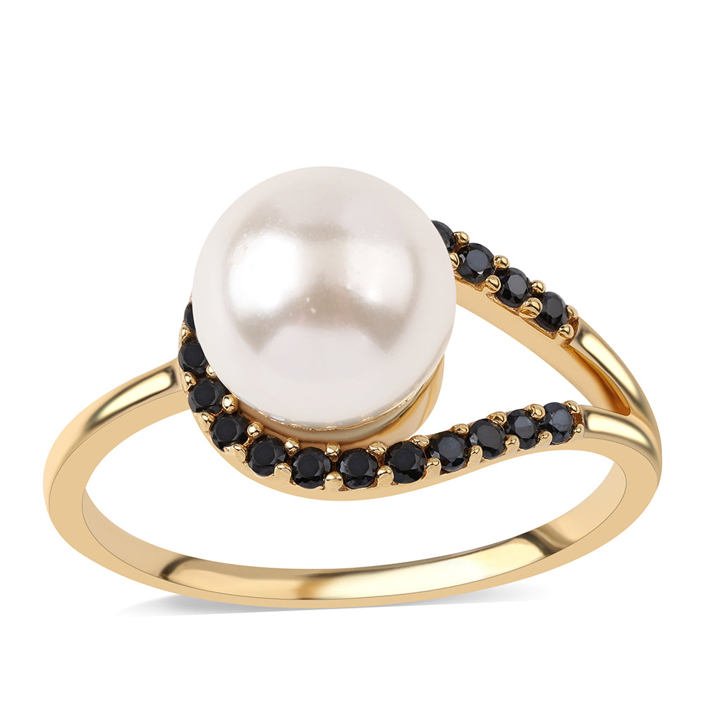 Anel de Prata com Banho de Ouro com Espinela Preta e Pérola de Água Doce Branca 1 