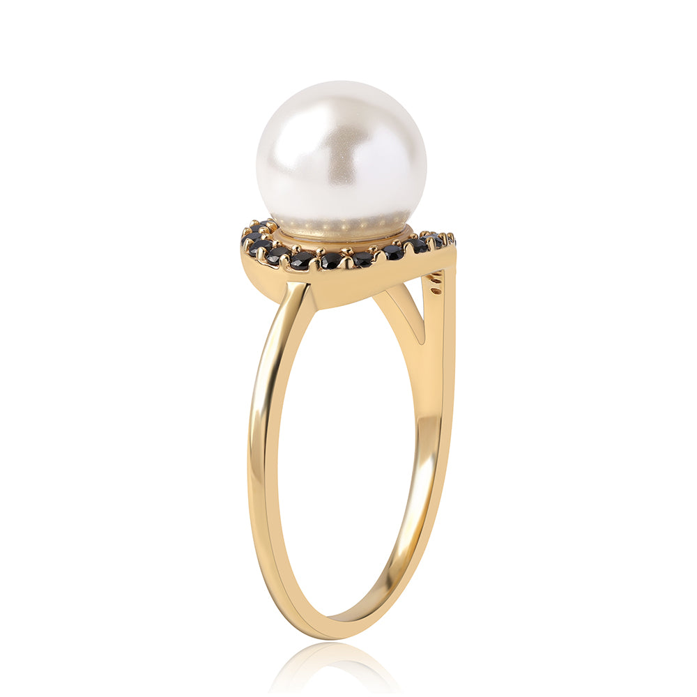 Anel de Prata com Banho de Ouro com Espinela Preta e Pérola de Água Doce Branca