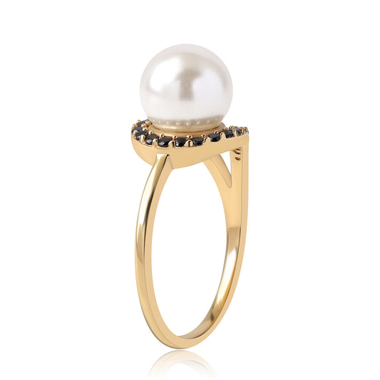 Anel de Prata com Banho de Ouro com Espinela Preta e Pérola de Água Doce Branca