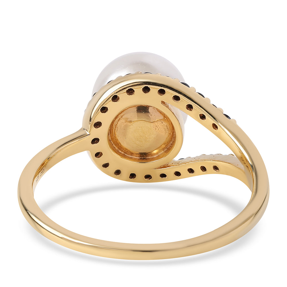 Anel de Prata com Banho de Ouro com Espinela Preta e Pérola de Água Doce Branca 3 