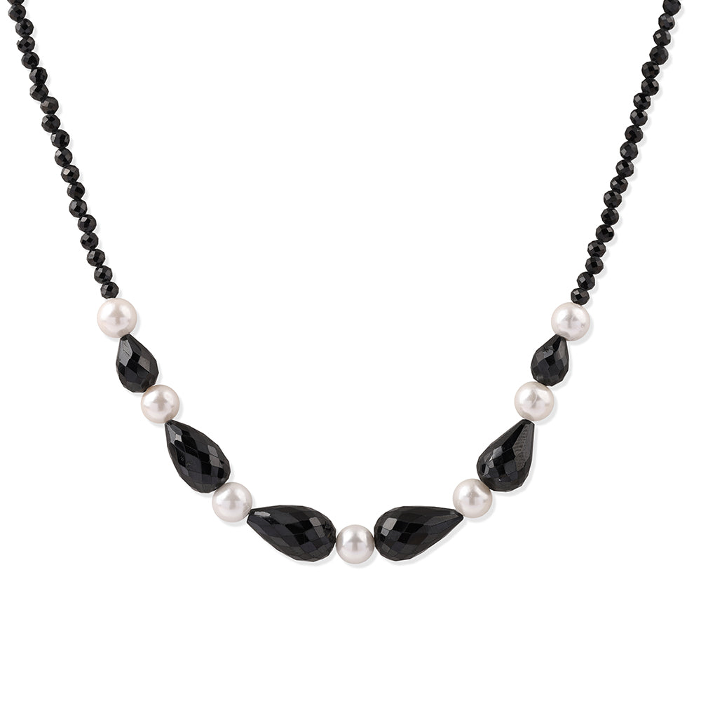 Colar de Prata com Banho de Ouro com Espinela Preta e Pérola de Água Doce Branca 1 