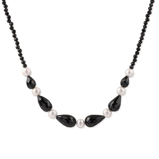 Colar de Prata com Banho de Ouro com Espinela Preta e Pérola de Água Doce Branca