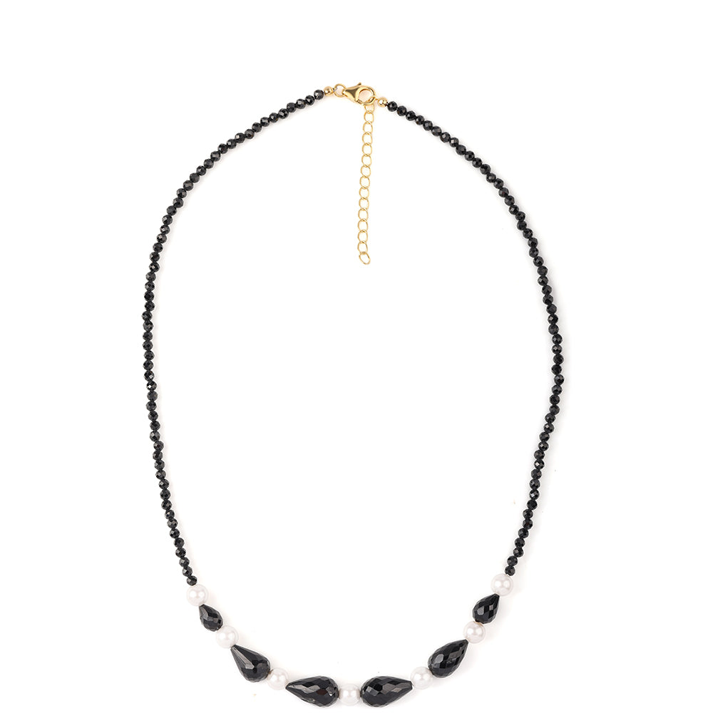 Colar de Prata com Banho de Ouro com Espinela Preta e Pérola de Água Doce Branca 3 