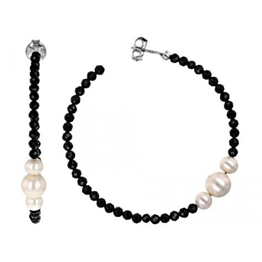 Brincos de Prata com Banho de Ouro com Espinela Preta e Pérola de Água Doce Branca 1 