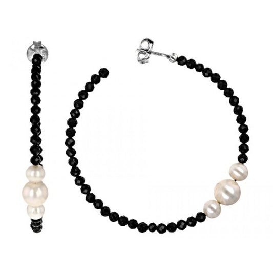 Brincos de Prata com Banho de Ouro com Espinela Preta e Pérola de Água Doce Branca