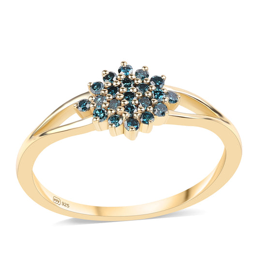 Anel de Prata com Banho de Ouro com Diamante Azul