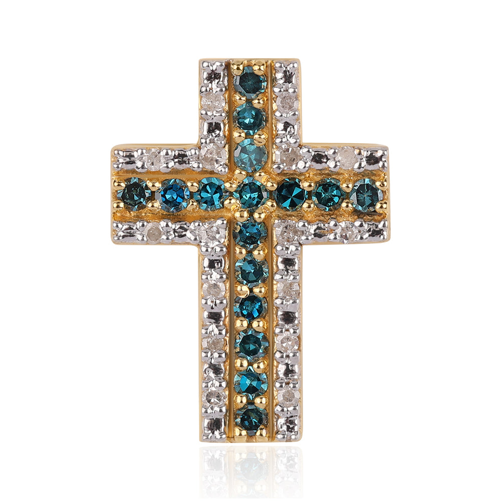 Cruz Pendente de Prata com Banho de Ouro com Diamante Azul e Diamante Branco 1 