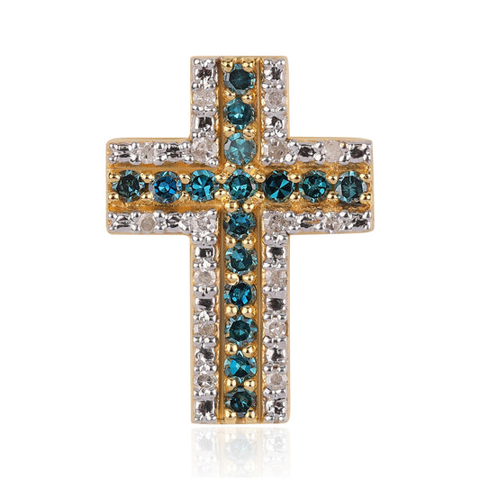 Cruz Pendente de Prata com Banho de Ouro com Diamante Azul e Diamante Branco